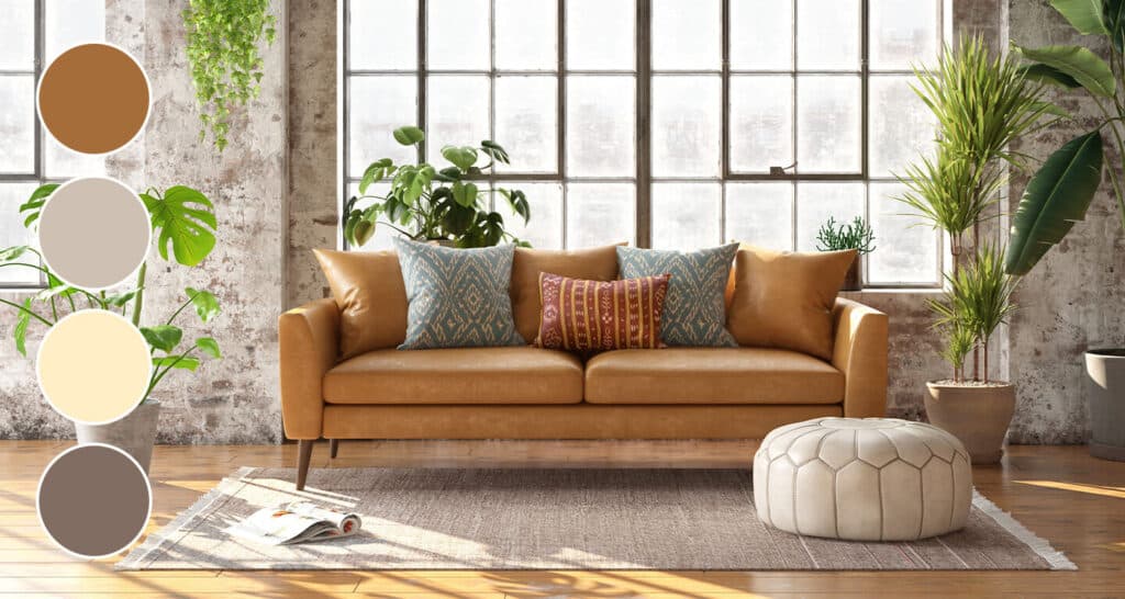 Sunny living room with brown couch in earth neutrals